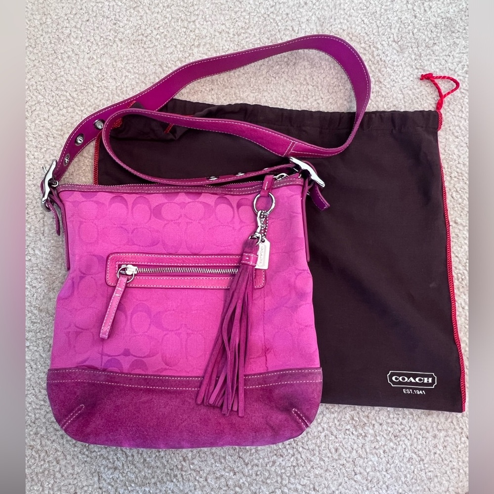 Coach Canvas & Leather Crossbody Shoulder Handbag, Signature Jacquard Cs, Pink
